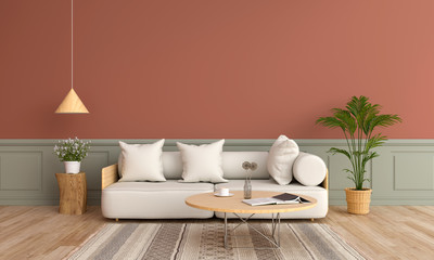 Sofa and wood round table in living room,3D rendering