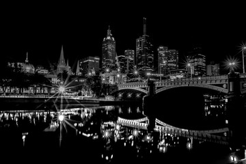 Melbourne and yarra river night cityscape in black and white