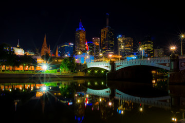 Blurry melbourne and yarra river night cityscape