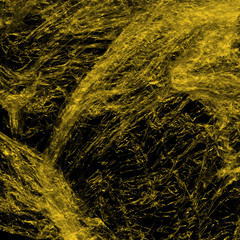 Transparent yellow plastic wrap on the black background. Plastic shopping bag texture. Reusable trash and waste.