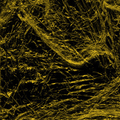 Transparent yellow plastic wrap on the black background. Plastic shopping bag texture. Reusable trash and waste.