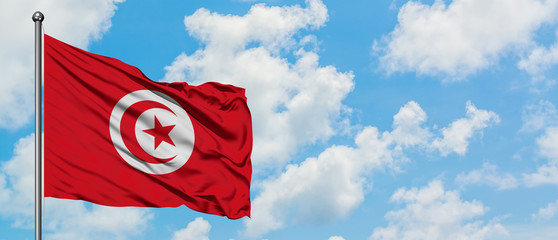 Tunisia flag waving in the wind against white cloudy blue sky. Diplomacy concept, international relations.
