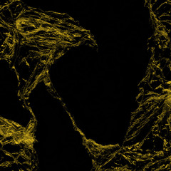 Transparent yellow plastic wrap on the black background. Plastic shopping bag texture. Reusable trash and waste.