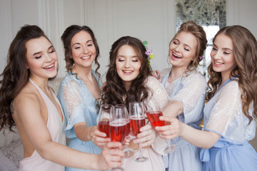Cheerful young girlfriends raise a toast and clink glasses.