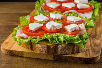 Delicious sandwich and lager beer on wooden table with dark background.