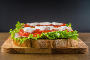 Delicious sandwich and lager beer on wooden table with dark background.