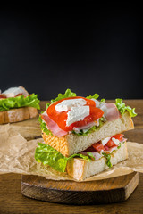 Delicious sandwich and lager beer on wooden table with dark background.