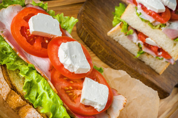 Delicious sandwich and lager beer on wooden table with dark background.