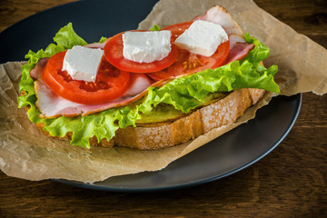 Delicious sandwich and lager beer on wooden table with dark background.