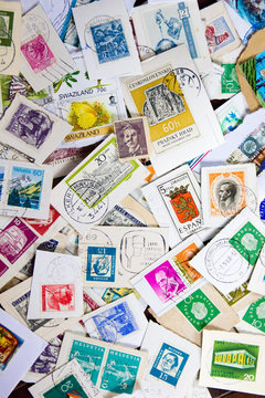 Used vintage stamp collection. Concept of philately hobby