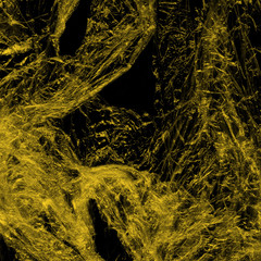 Transparent yellow plastic wrap on the black background. Plastic shopping bag texture. Reusable trash and waste.