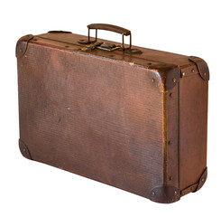 Old shabby vintage suitcase isolated on white background. Retro style.
