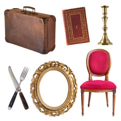 Set of beautiful antique items, suitcase, chair, frame, candlestick, book, knife, fork. Retro. Vintage. Isolated on white background