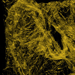 Transparent yellow plastic wrap on the black background. Plastic shopping bag texture. Reusable trash and waste.