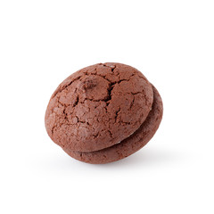 Sandwich chocolate cookies and cream on a white plate isolated over white background