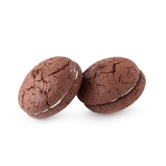Sandwich chocolate cookies and cream on a white plate isolated over white background