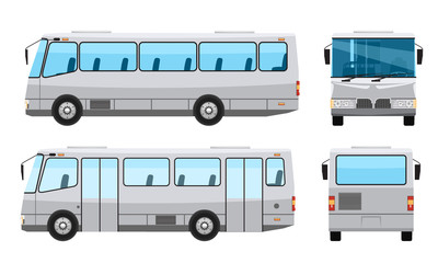 City public bus with flat and solid color style design. Side front and back view. Transparent window glasses. Vector illustration.