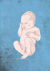 white baby lying on isolated blue background