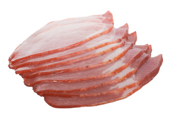 heap of slices of ham isolated on white
