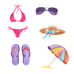 hand drawn watercolor set of  beachwear and accessories isolated on white background. Pink  swimsuit, sunglasses, umbrella, straw hat  and sandals, violet flip flop