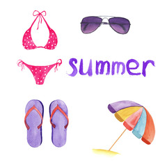 hand drawn watercolor set of  beachwear and accessories isolated on white background. Pink  swimsuit, sunglasses, umbrella, straw hat  and sandals, violet flip flop