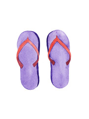 hand drawn watercolor violet flip flop isolated on white background. beachwear, sandals