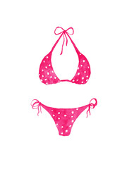 hand drawn watercolor pink swimsuit with polka dots isolated on white background