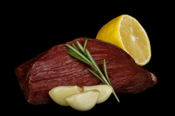 fresh raw beef steak isolated on white background, top view