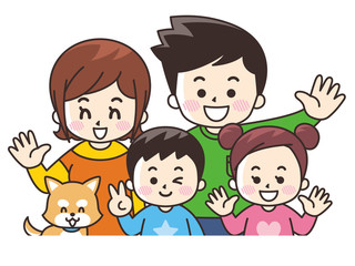 仲良し親子とペットの犬　春