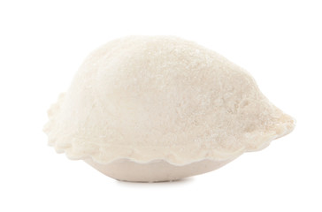 Raw dumpling with tasty filling on white background
