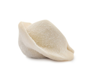 Raw dumpling with tasty filling on white background