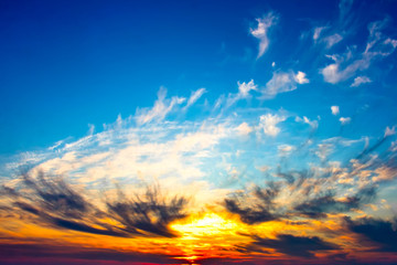 Sky, Bright Blue, Orange And Yellow Colors Sunset.