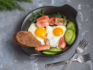 fast and hearty breakfast of scrambled eggs and sausages on a black plate