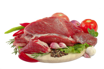 beef with vegetables on cuted board  isolated on white backgound