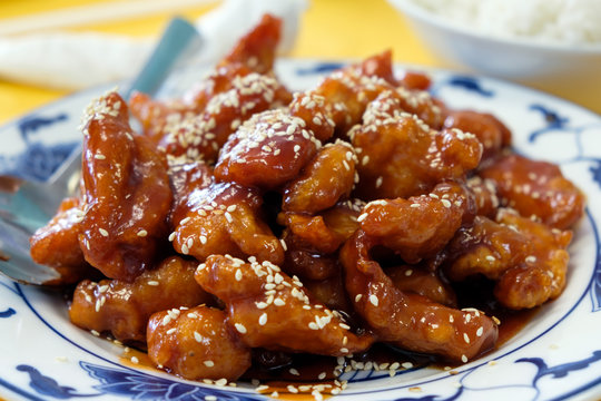 Chinese sesame chicken ready to be served on table
