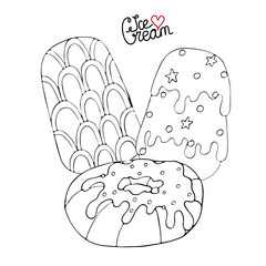 Coloring page with cake, cupcake, ice cream, candy and other dessert