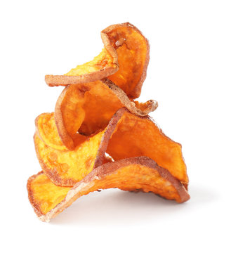 Tasty Sweet Potato Chips Isolated On White