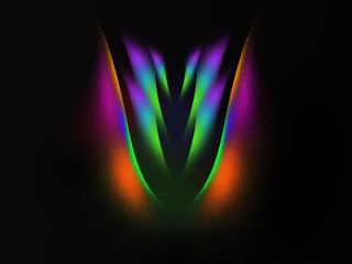Illustration of a multi coloured graphic image on a black background reminiscent of an abstract tulip. 