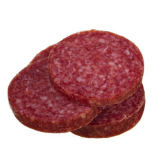 heap of slices of sausage isolated on white background