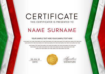 Certificate template with Italian flag (black, red, yellow colors) frame and gold badge. White background design for Diploma, certificate of appreciation or award