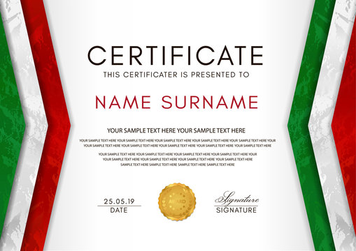 Certificate template with Italian flag (black, red, yellow colors) frame and gold badge. White background design for Diploma, certificate of appreciation or award