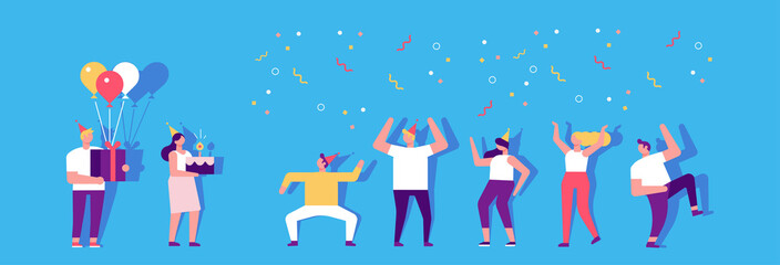 Birthday party with cake and colorful balloons. People dancing and having fun. Friendship. Celebration. Flat vector illustration.