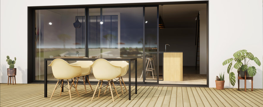 vue 3d terrasse avec chaise et grande baie vitr&eacute;e