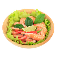 shrimps with spices in wooden plate isolated on white background