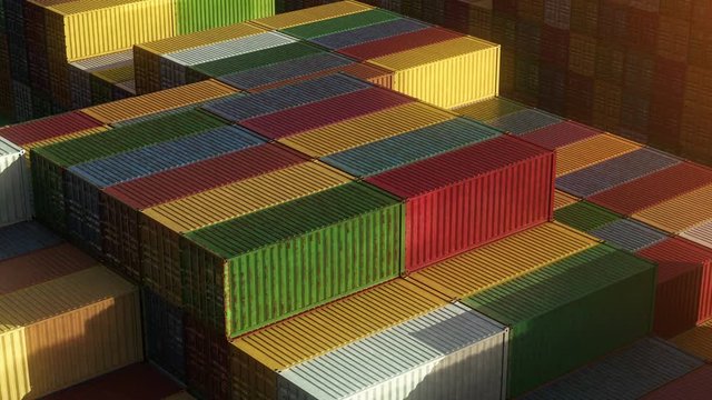 Stack of containers in a harbor, shipping at dockyard, logistic import and export, sunset light, seamless infinite loop, isometric close up view