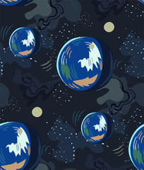 Naklejka premium galaxy vector cartoon illustration dark seamless pattern
