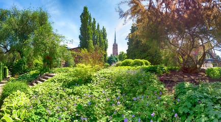 WROCLAW, POLAND - MAY 30, 2019: Botanical Garden in Wroclaw, Poland. The garden was built from 1811 to 1816 on the Cathedral Island (Ostrow Tumski), the oldest part of the city.