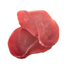 heap of dried slices of chicken carpaccio isolated on white