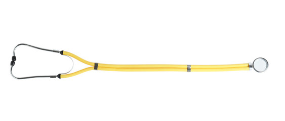 Stethoscope on white background, top view. Medical device