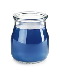 Tasty colorful jelly in glass jar on white background